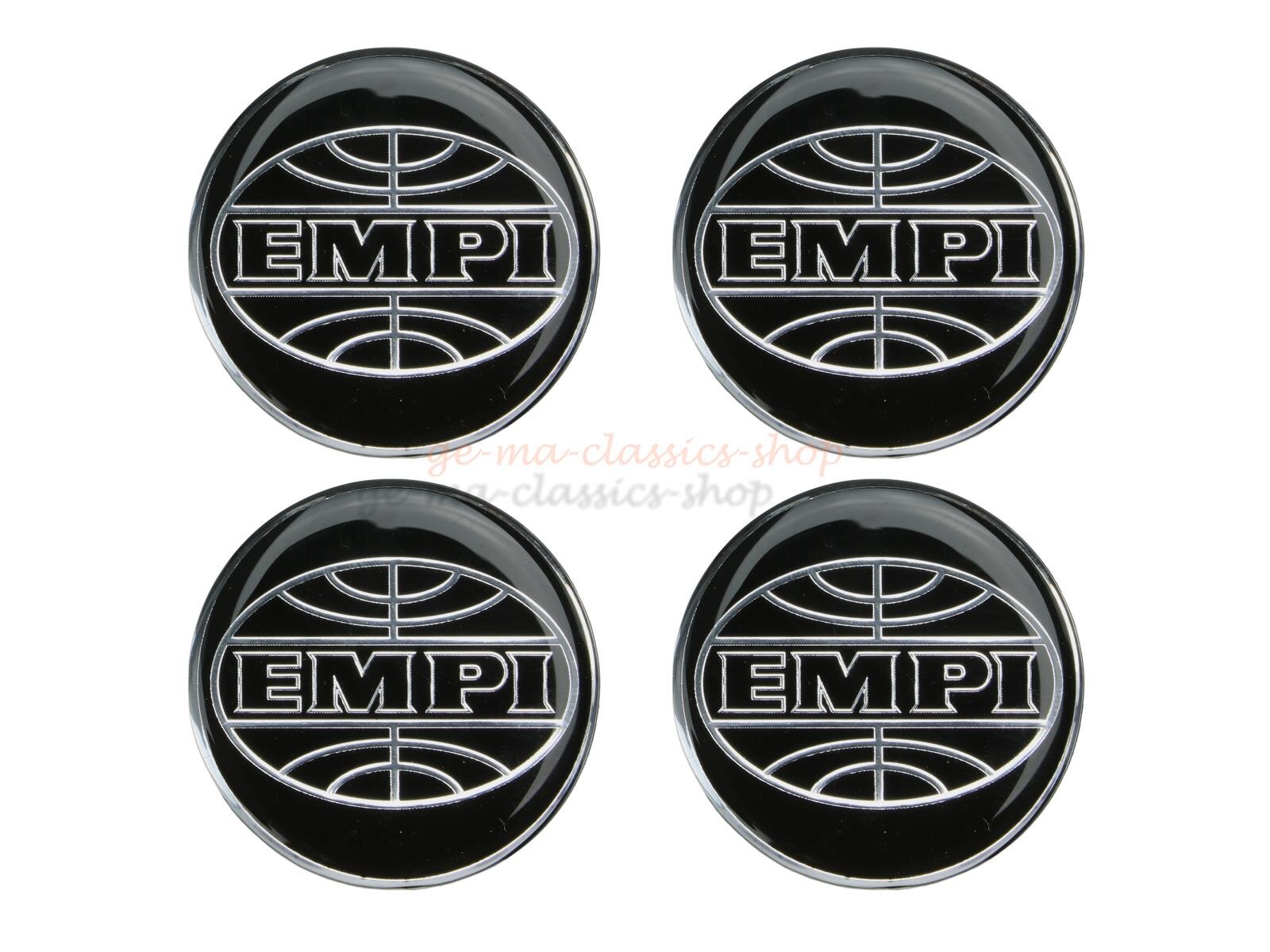 Klebe Emblem Satz mit EMPI Logo für Nabenkappen schwarz/silber 43mm