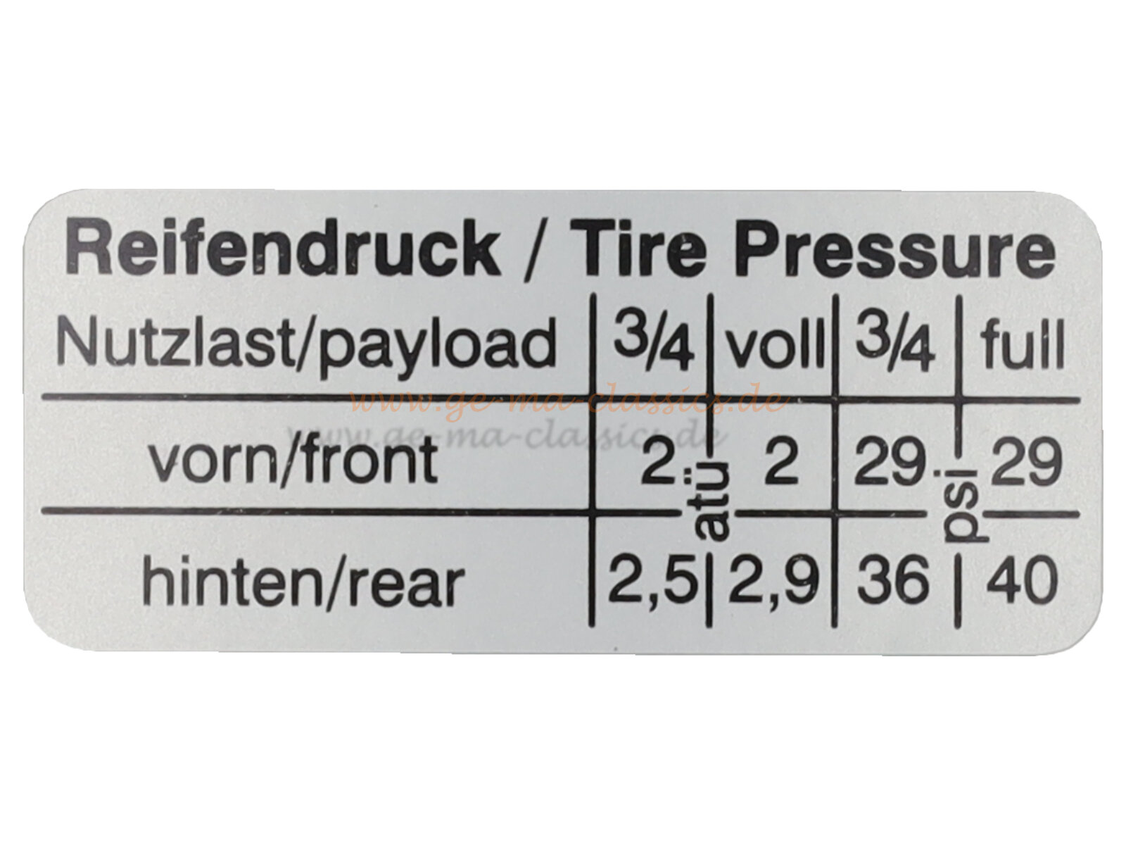 Aufkleber "Reifendruck" für VW Bus T2